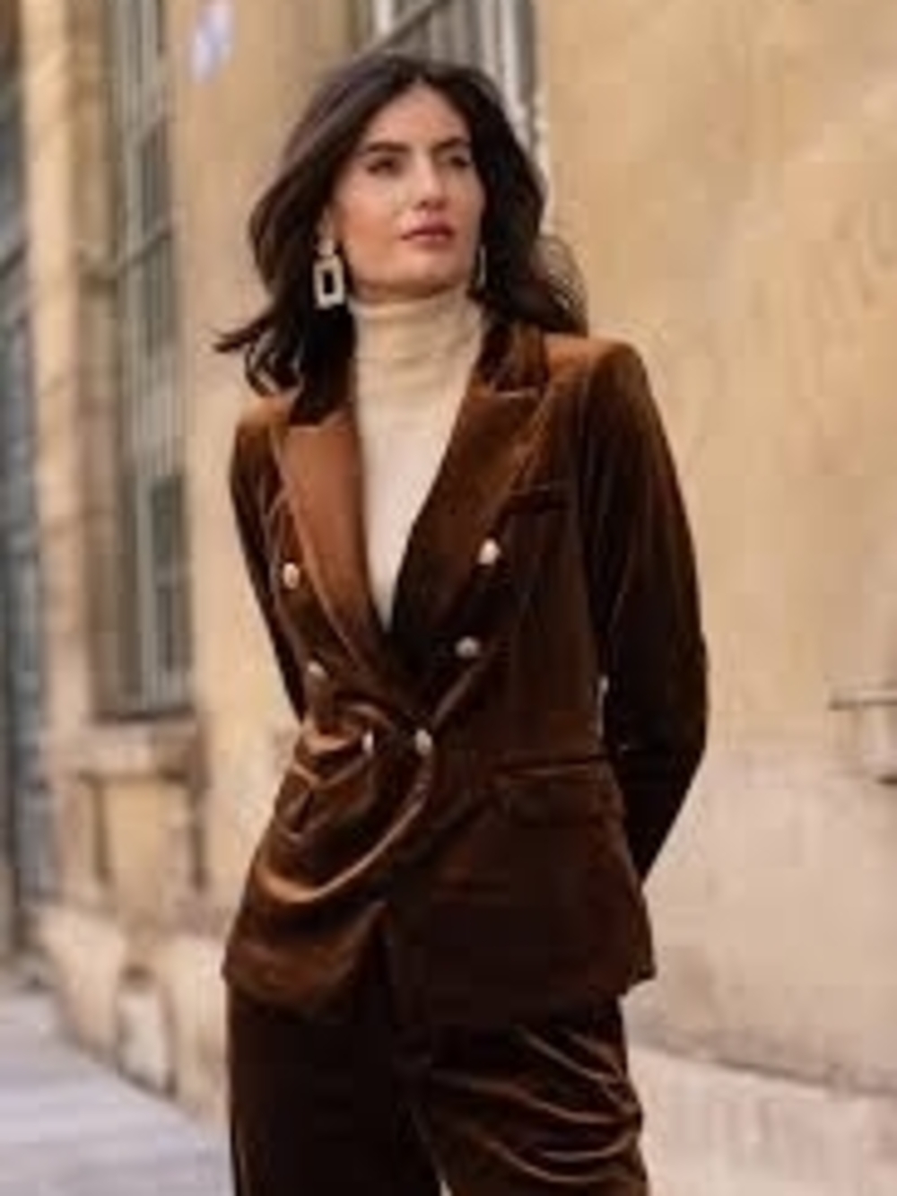 Women's Brown Velvet Double-Breasted Blazer Jacket Pant Set